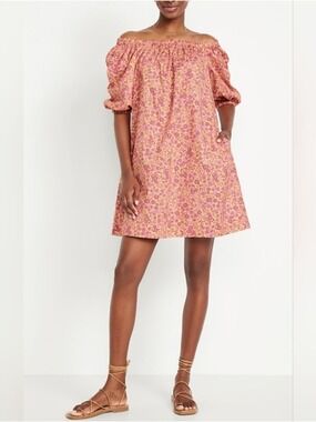 S Petite • Old Navy • Off-Shoulder Puff Floral Swing Mini Dress in Pink & Peach